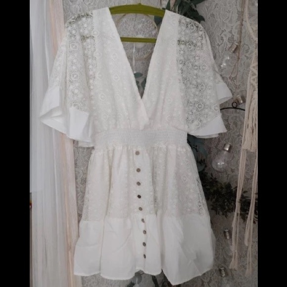 Dentelle Summer White Lace Boho Ruffle Shift Dress Flared Sleeves Beach Mini - Picture 7 of 12